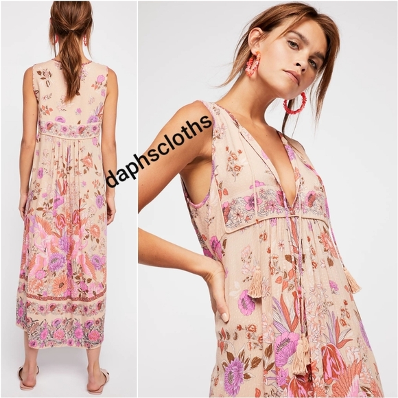 Very Rare Spell Free People Siren Song Boho Midi Pink Dress Flamingo S Unicorn - Picture 2 of 16